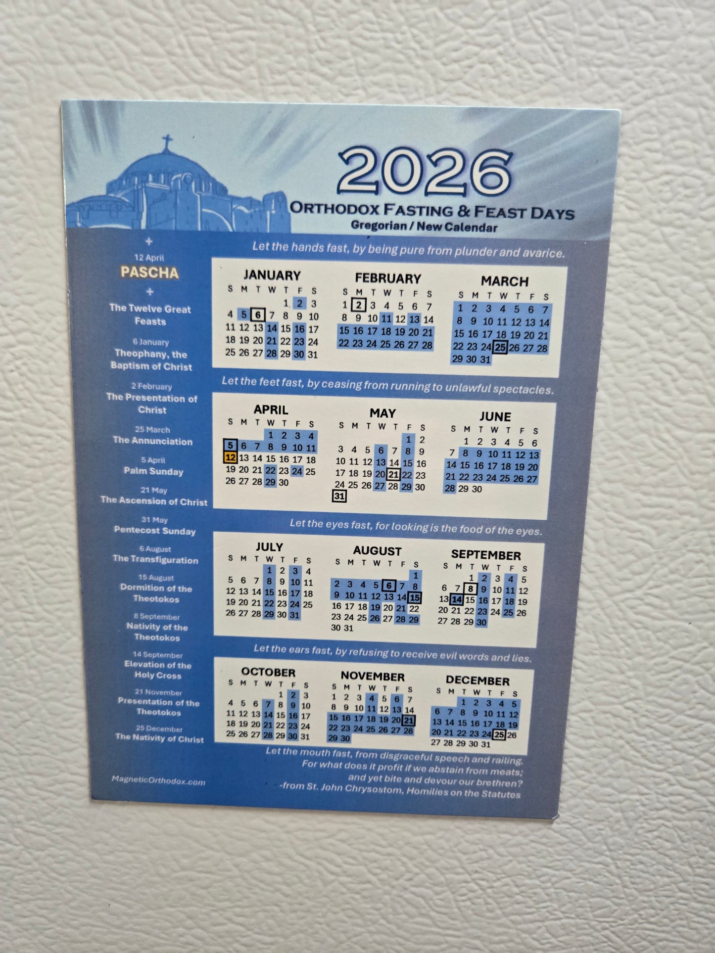 Large 5x7, New Calendar, 2026 Orthodox Fasting & Feast Days Refrigerator Magnet
