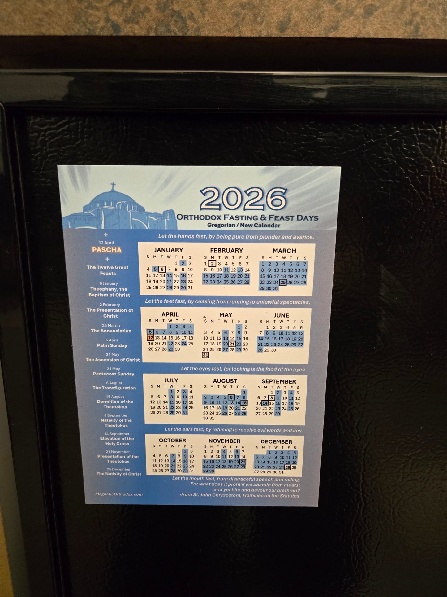 Large 5x7, New Calendar, 2026 Orthodox Fasting & Feast Days Refrigerator Magnet