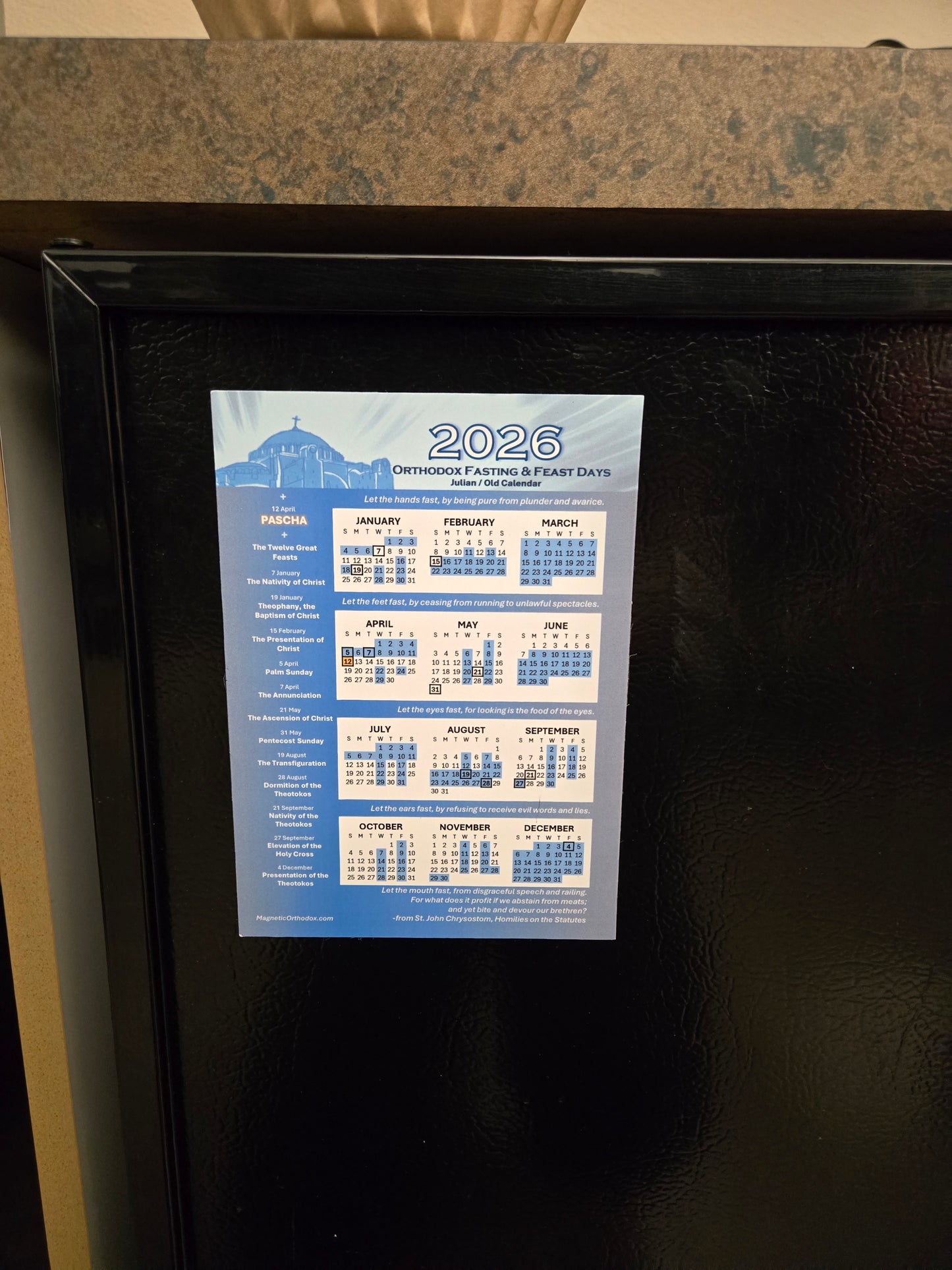 Large 5x7, Old Calendar 2026 Orthodox Fasting & Feast Dates Refrigerator Magnet